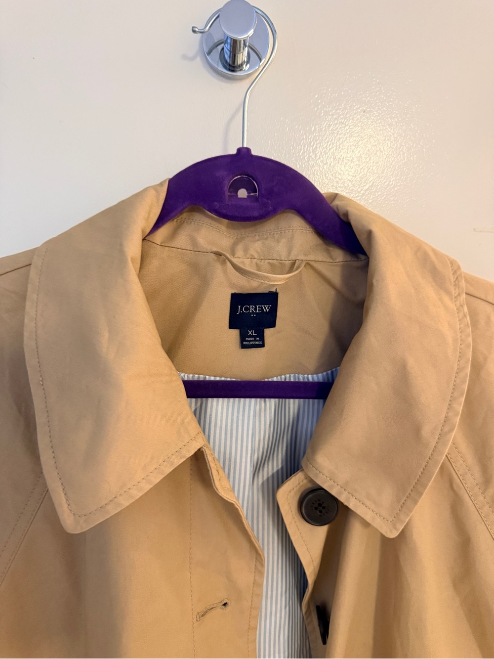 J.Crew Cropped Trench Jacket Khaki Tan Swing Coat XL Striped Lining - Picture 2 of 5